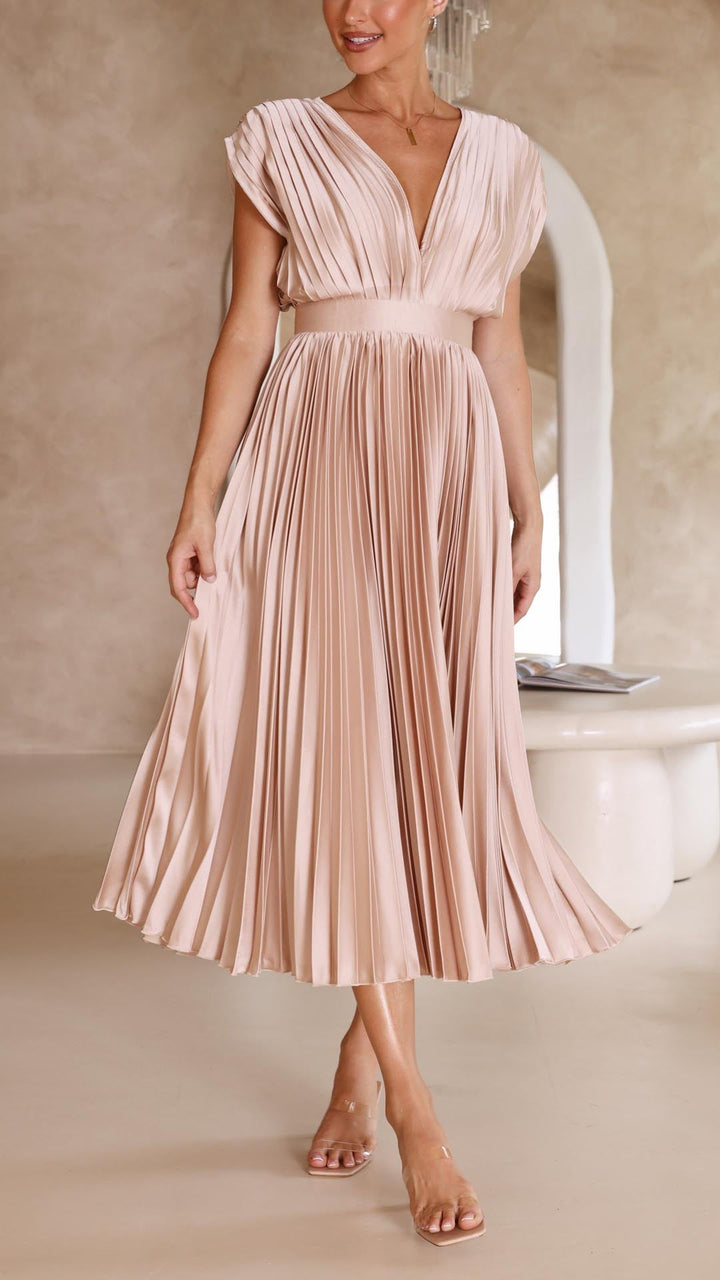 Robe Midi Plissée pour Femmes avec Décolleté en V Profond et Ceinture à la Taille