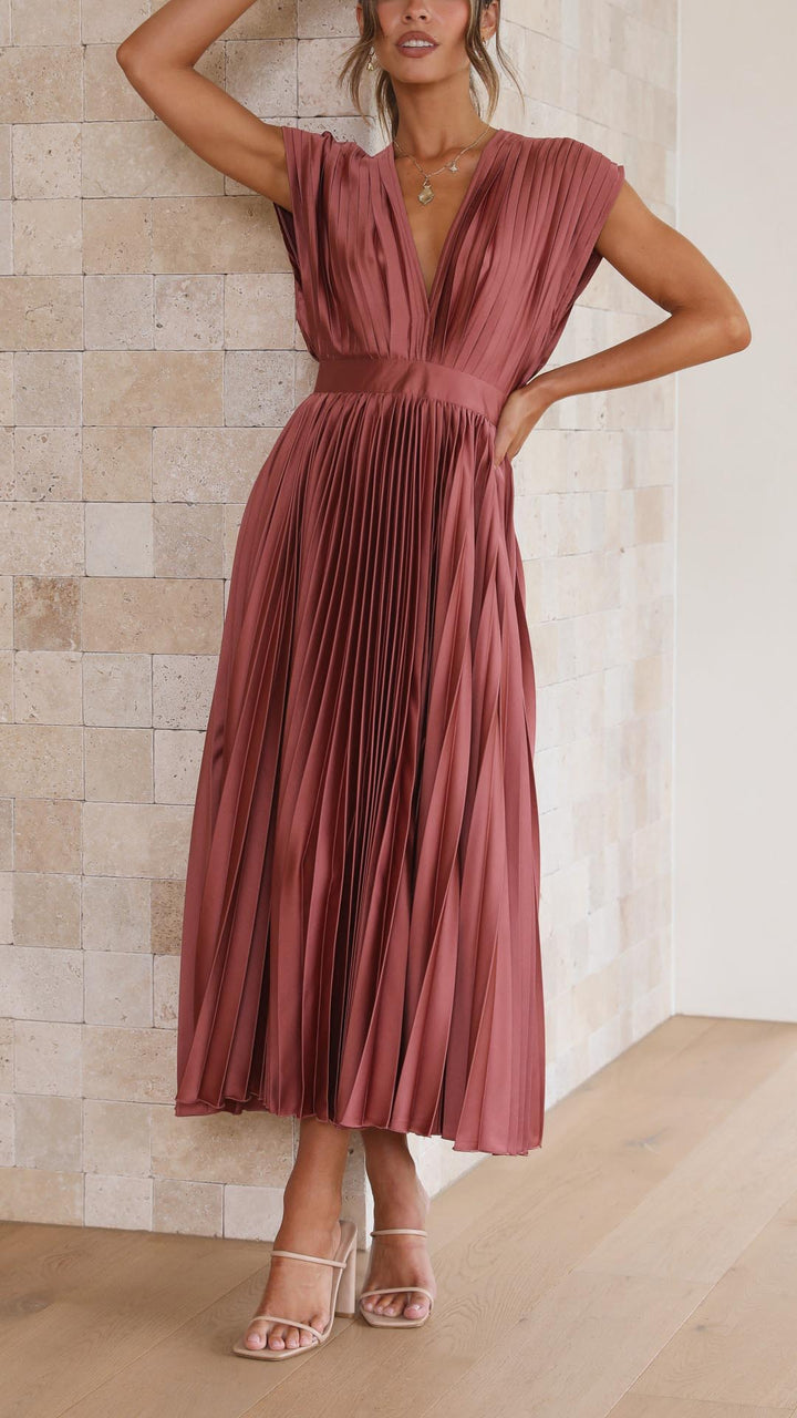 Robe Midi Plissée pour Femmes avec Décolleté en V Profond et Ceinture à la Taille