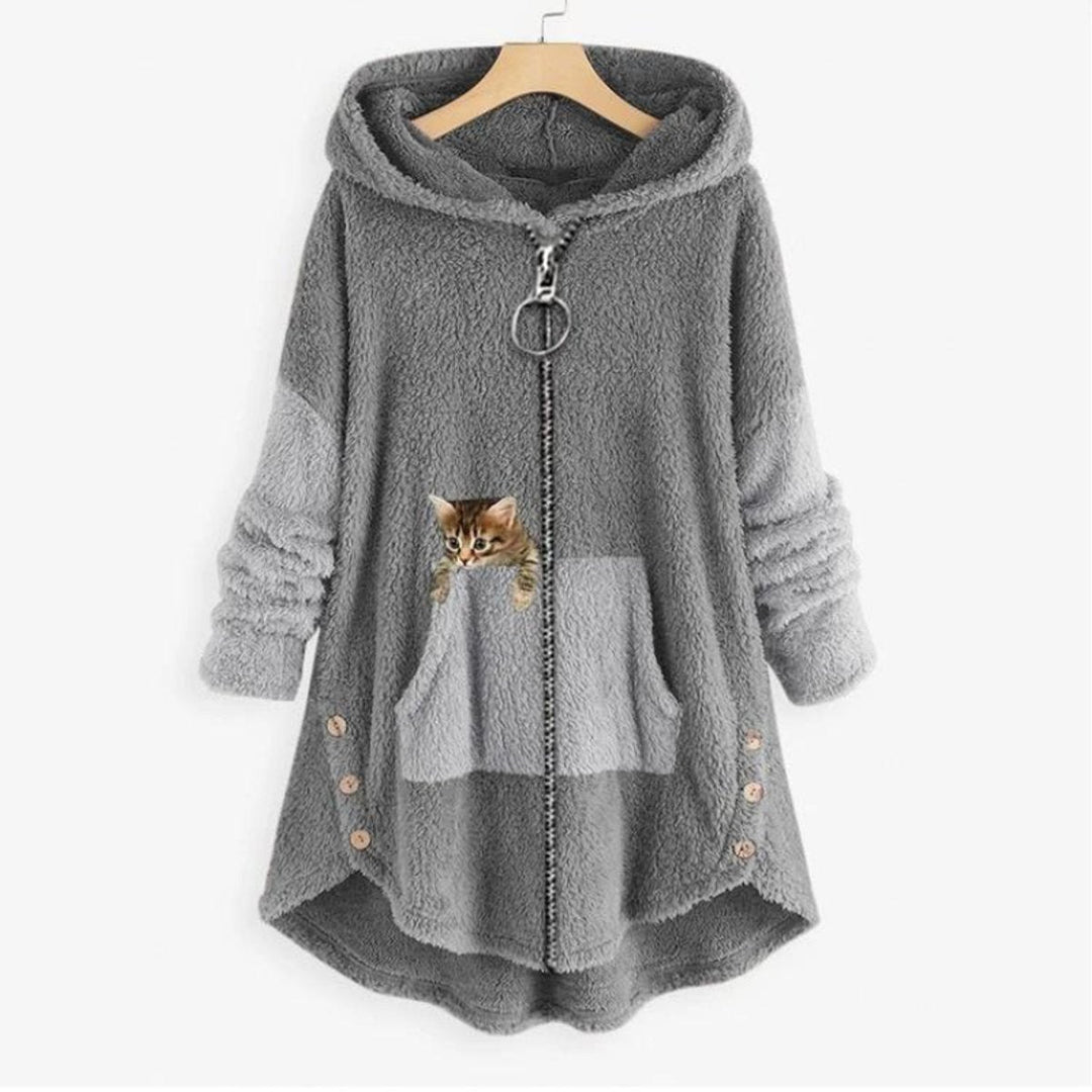 Lena | Sweat à capuche en peluche pour femmes avec impression de chat et fermeture éclair