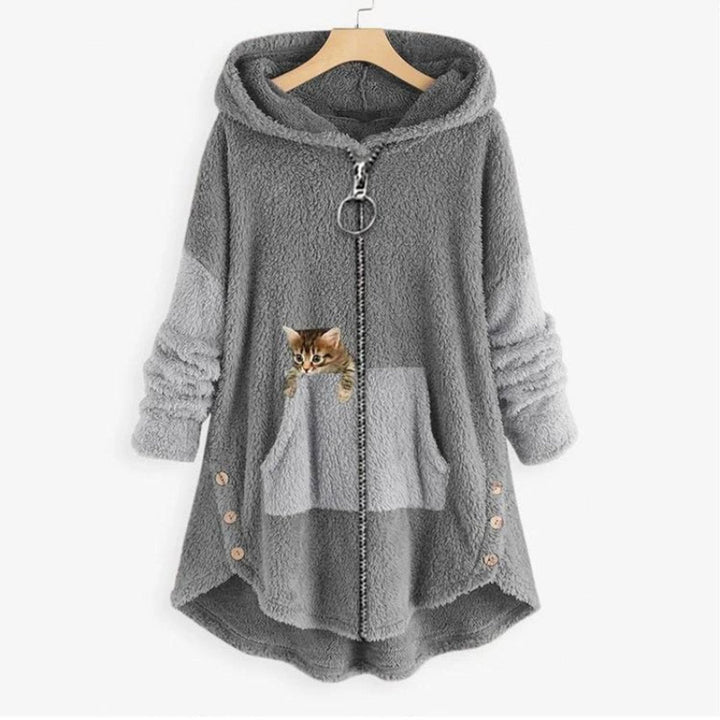 Lena | Sweat à capuche en peluche pour femmes avec impression de chat et fermeture éclair
