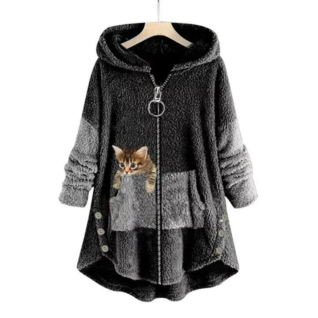 Lena | Sweat à capuche en peluche pour femmes avec impression de chat et fermeture éclair