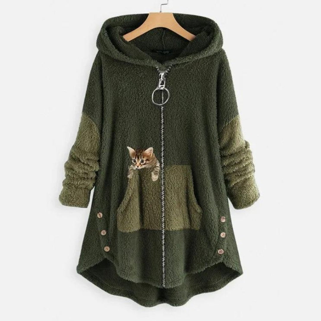 Lena | Sweat à capuche en peluche pour femmes avec impression de chat et fermeture éclair
