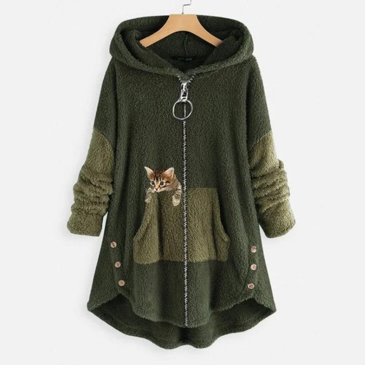 Lena | Sweat à capuche en peluche pour femmes avec impression de chat et fermeture éclair