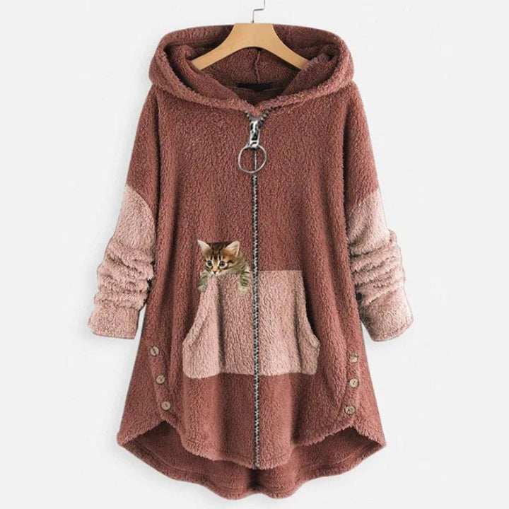 Lena | Sweat à capuche en peluche pour femmes avec impression de chat et fermeture éclair