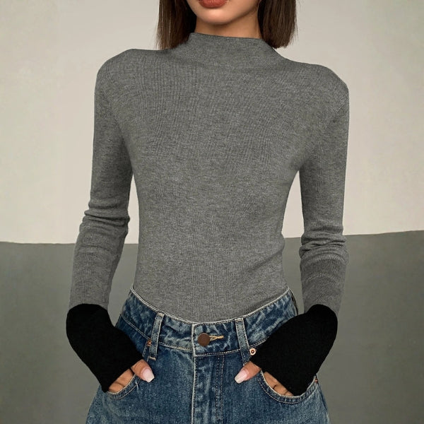Pull femme à manches longues, bords-côtes et col roulé sans fermeture