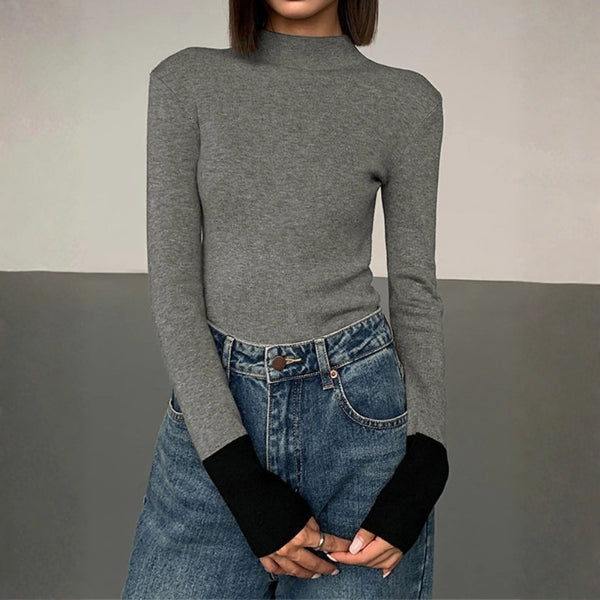 Pull femme à manches longues, bords-côtes et col roulé sans fermeture