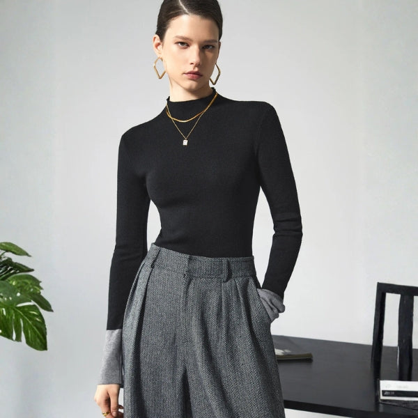 Pull femme à manches longues, bords-côtes et col roulé sans fermeture