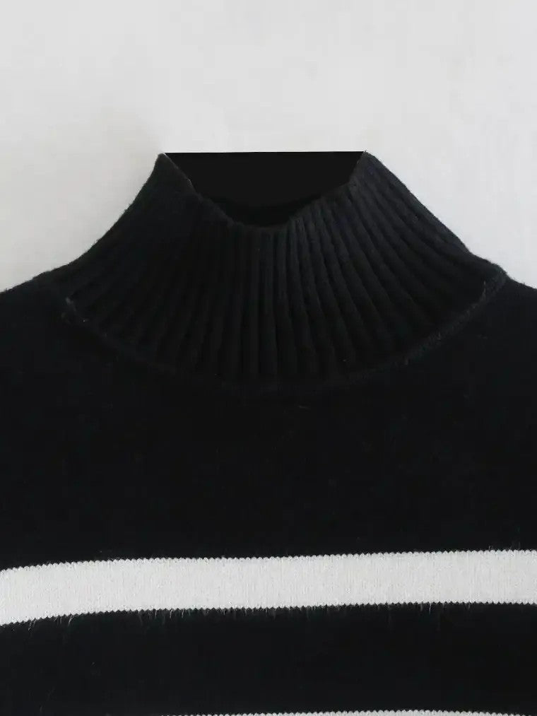 Pull pour femmes avec col roulé, rayures horizontales, manches longues et bords côtelés