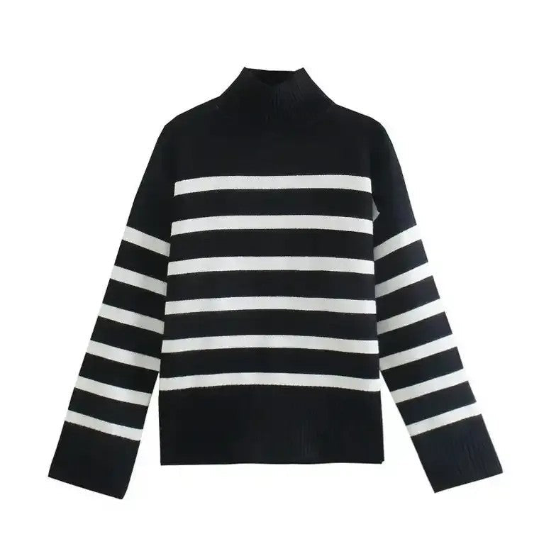 Pull pour femmes avec col roulé, rayures horizontales, manches longues et bords côtelés