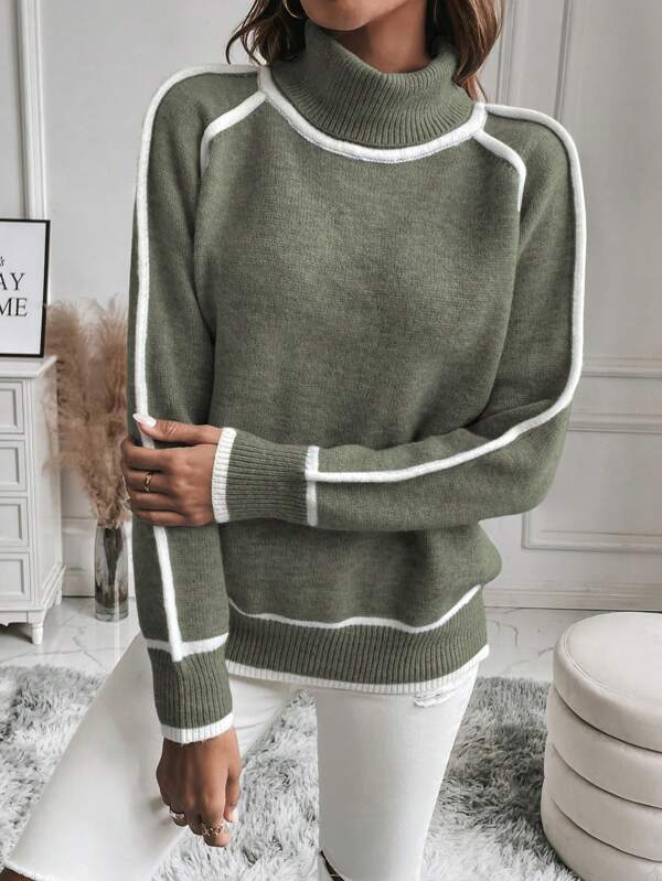 Pull pour femmes avec col roulé et poignets de couleur contrastante