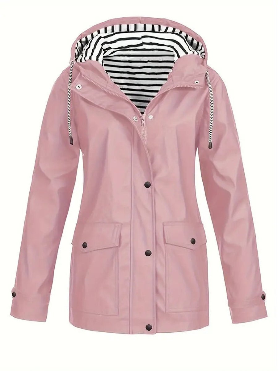 Marlene | Manteau de pluie pour femmes avec capuche et doublure rayée, fermeture éclair