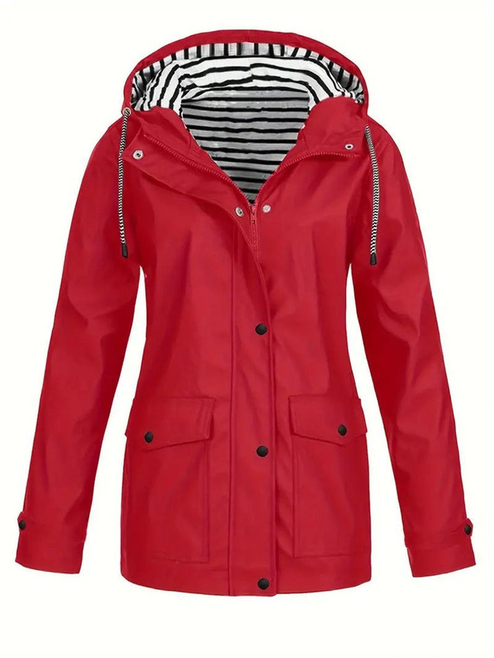 Marlene | Manteau de pluie pour femmes avec capuche et doublure rayée, fermeture éclair