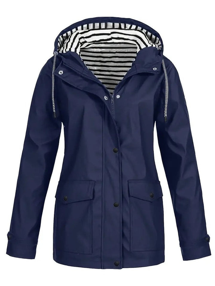 Marlene | Manteau de pluie pour femmes avec capuche et doublure rayée, fermeture éclair