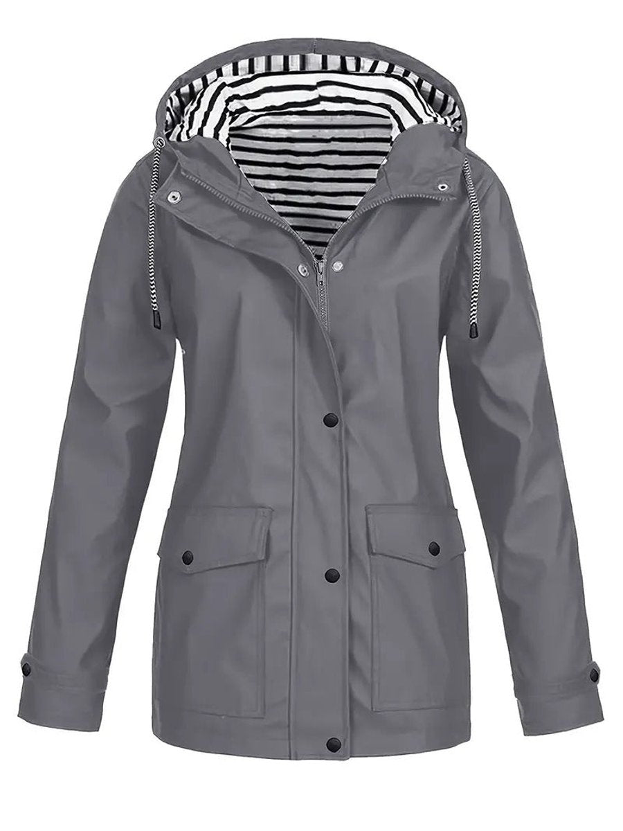 Marlene | Manteau de pluie pour femmes avec capuche et doublure rayée, fermeture éclair