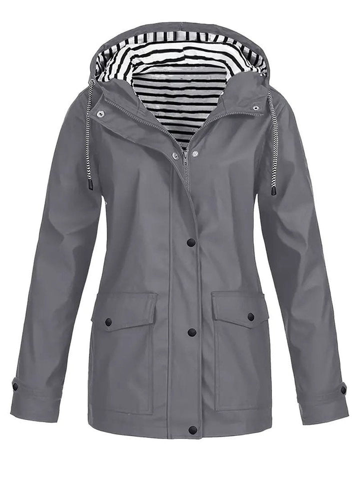 Marlene | Manteau de pluie pour femmes avec capuche et doublure rayée, fermeture éclair