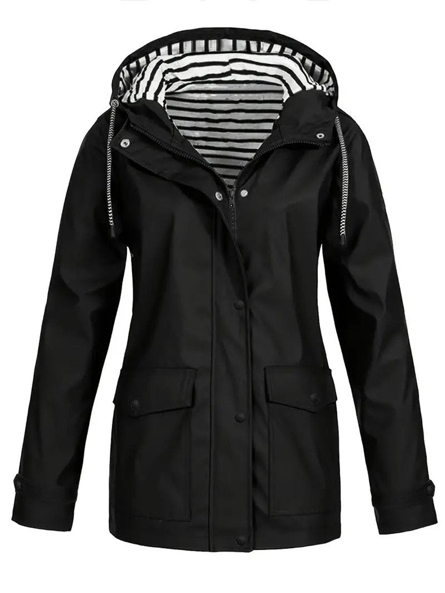 Marlene | Manteau de pluie pour femmes avec capuche et doublure rayée, fermeture éclair
