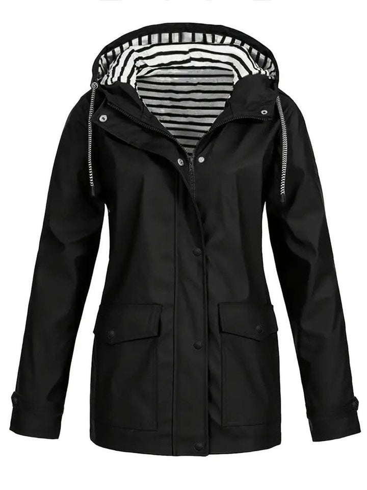 Marlene | Manteau de pluie pour femmes avec capuche et doublure rayée, fermeture éclair