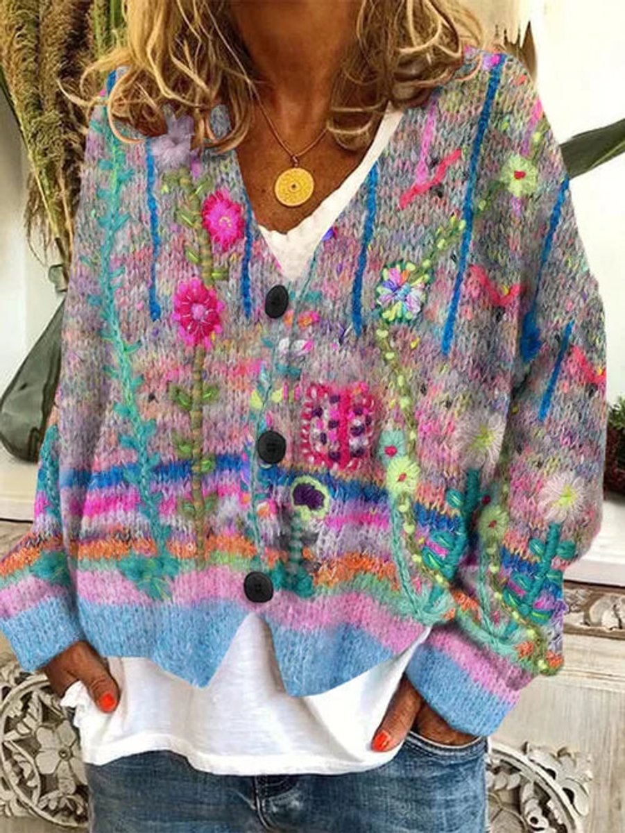 Marie | Cardigan rétro fleuri pour femmes avec patte de boutonnage en design tricot coloré
