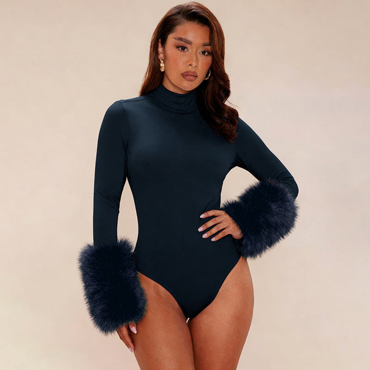 Body à col roulé pour femmes avec manches longues, poignets en fausse fourrure et fente haute