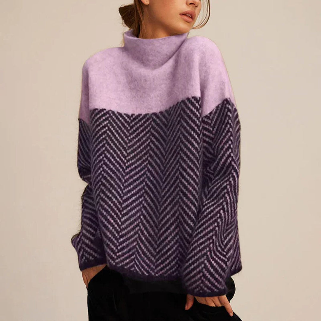 Greta | Pull à col roulé pour femmes, pull tricoté oversized, motif chevrons