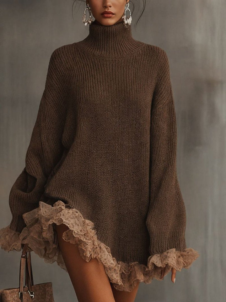 Leonie | Robe en tricot à col roulé pour femmes avec volants en dentelle Robes de soirée Oversized