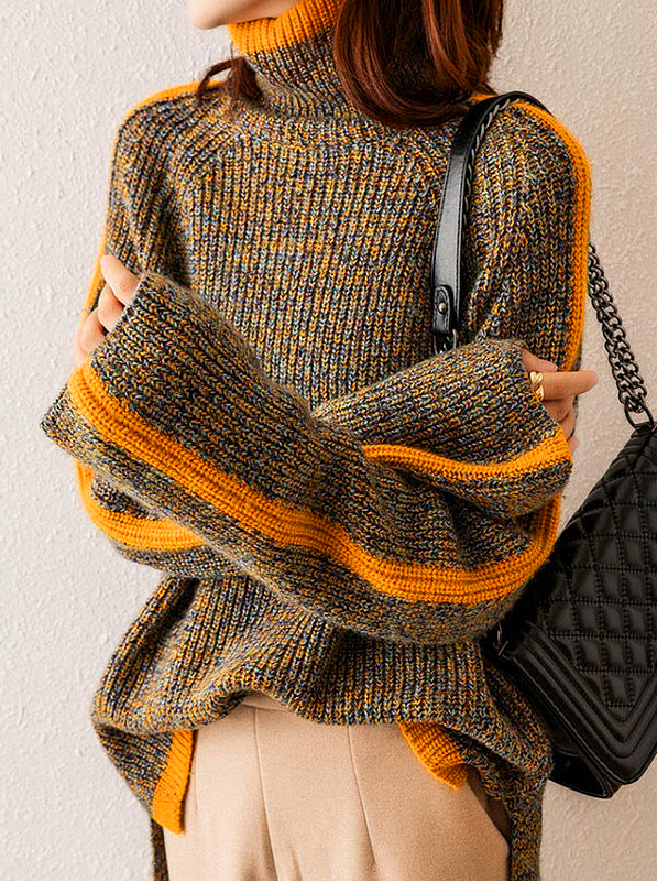 Pull à col roulé pour femmes avec rayures contrastées en tricot mélangé et manches larges