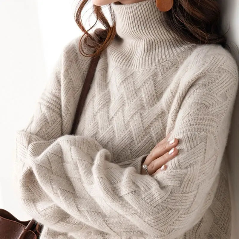 Pull à col roulé pour femmes avec motif en relief et manches longues