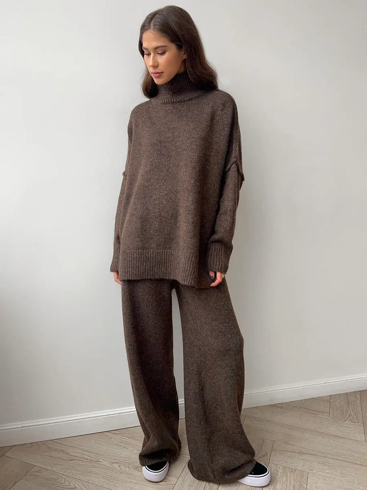 Ensemble de pull à col roulé et pantalon large pour femmes avec manches longues