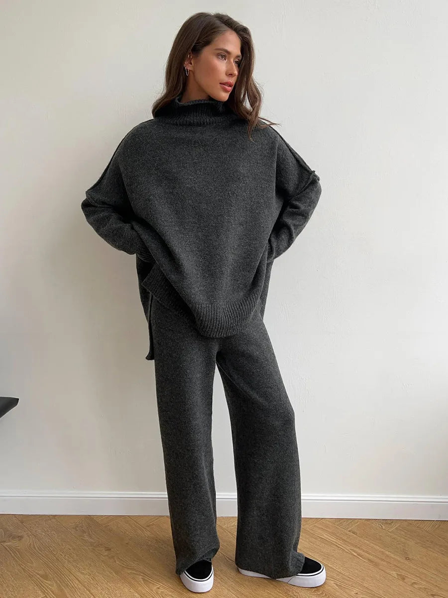 Ensemble Pull à Col Roulé et Pantalon Large pour Femmes avec Manches Longues
