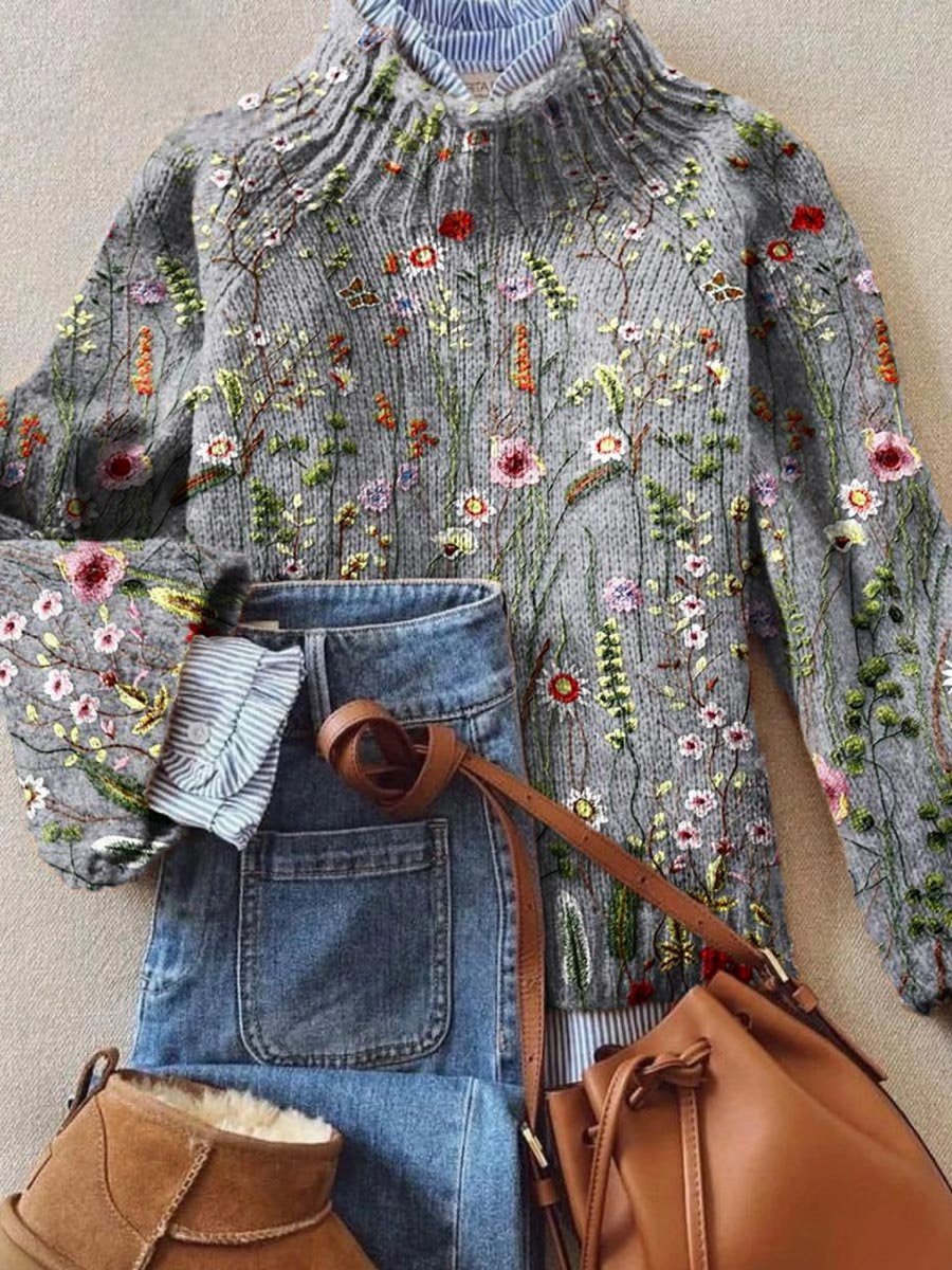 Sophie | Pull à col roulé vintage à fleurs pour femmes