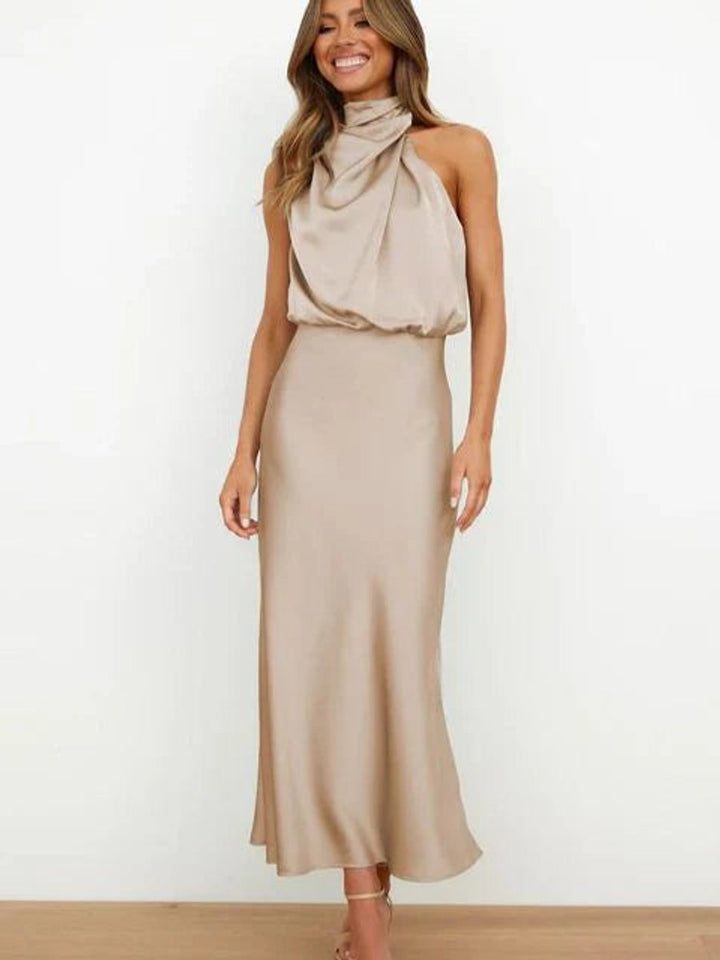 Marie | Robe de cocktail en satin pour femmes élégante sans épaules midi