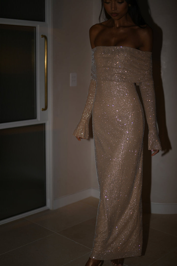 Robe maxi à paillettes sans épaules pour femmes avec manches longues
