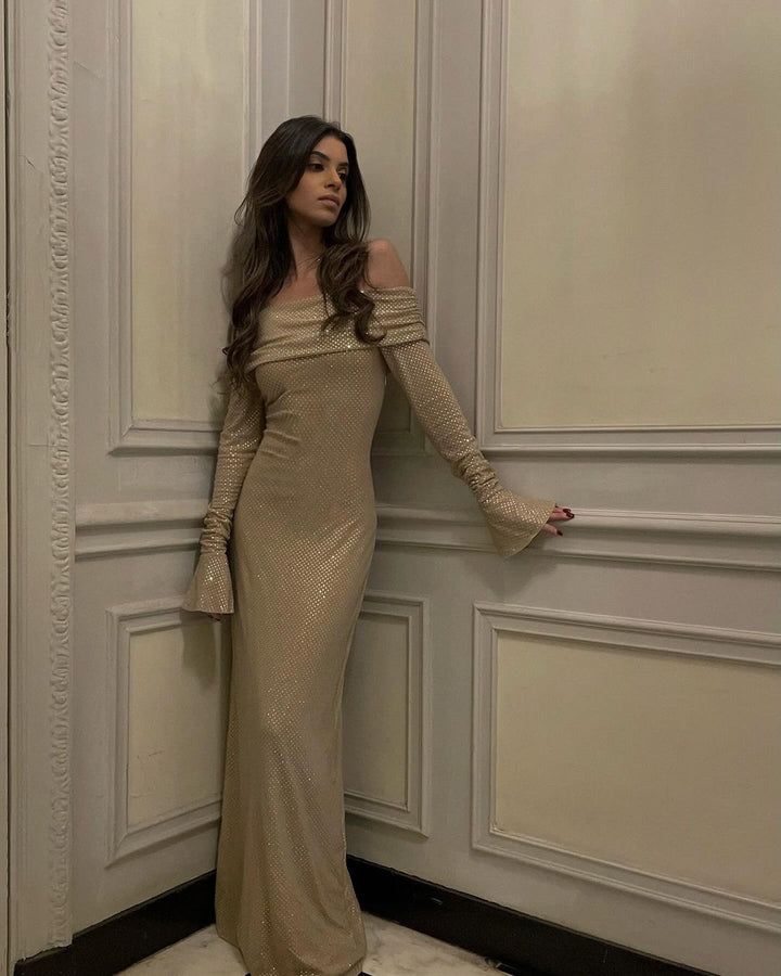 Robe maxi à paillettes sans épaules pour femmes avec manches longues