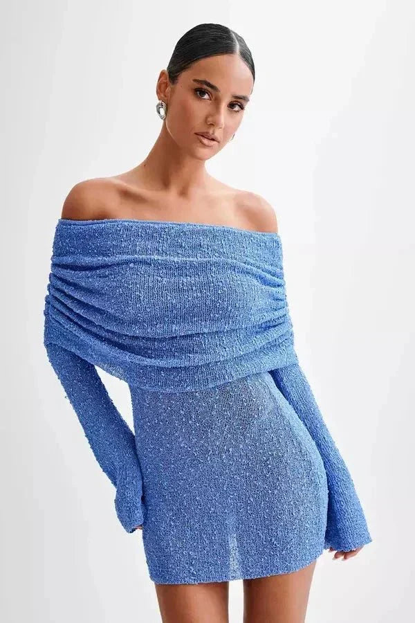 Robe Mini sans Épaules pour Femmes avec Manches Longues, Partie Poitrine Drapée et Surface Texturée