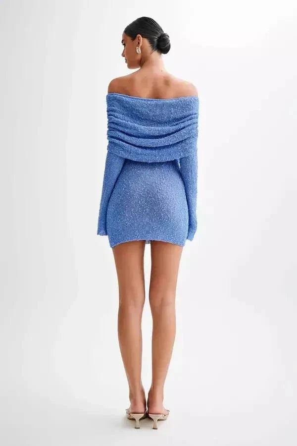 Robe Mini sans Épaules pour Femmes avec Manches Longues, Partie Poitrine Drapée et Surface Texturée