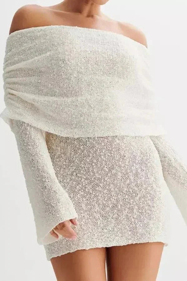 Robe Mini sans Épaules pour Femmes avec Manches Longues, Partie Poitrine Drapée et Surface Texturée