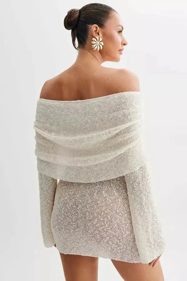 Robe Mini sans Épaules pour Femmes avec Manches Longues, Partie Poitrine Drapée et Surface Texturée