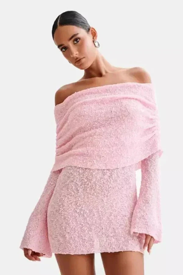 Robe Mini sans Épaules pour Femmes avec Manches Longues, Partie Poitrine Drapée et Surface Texturée
