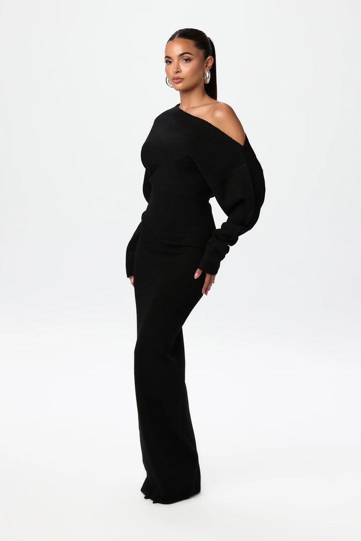 Robe Tricot Femme Sans Épaules avec Décolleté Asymétrique, Manches Longues et Longueur Maxi