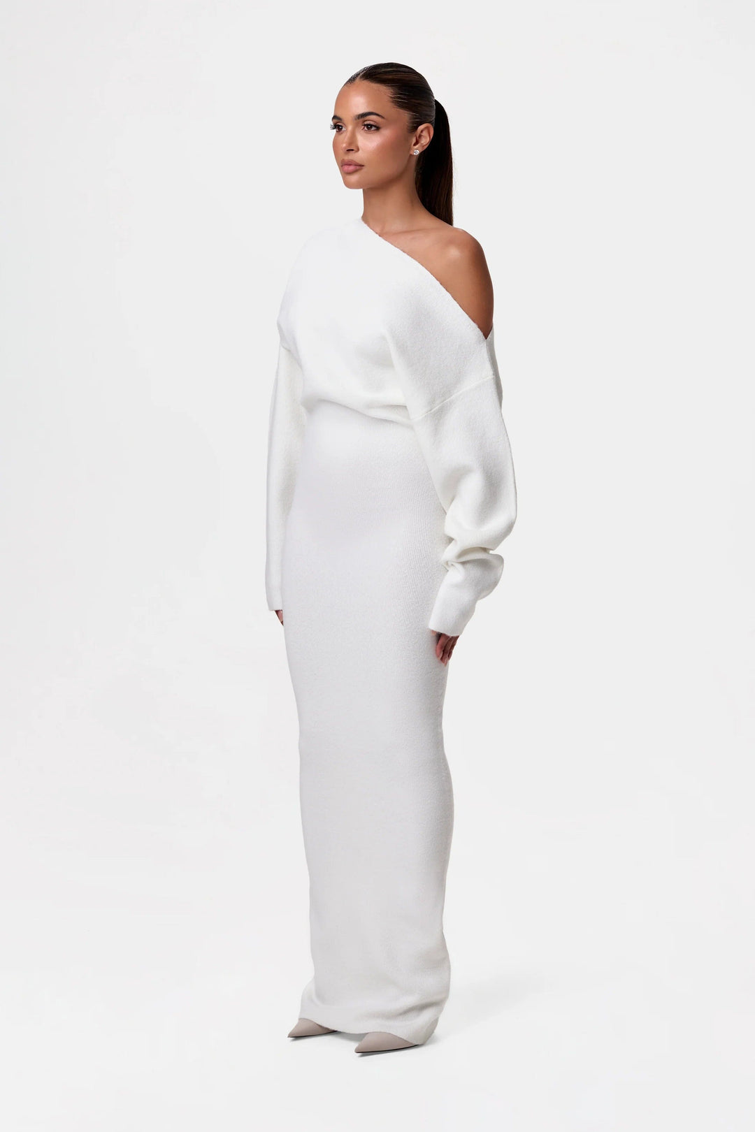 Robe Tricot Femme Sans Épaules avec Décolleté Asymétrique, Manches Longues et Longueur Maxi