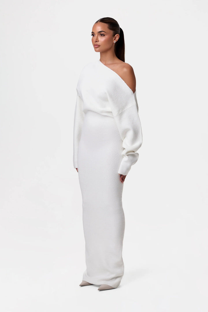 Robe Tricot Femme Sans Épaules avec Décolleté Asymétrique, Manches Longues et Longueur Maxi