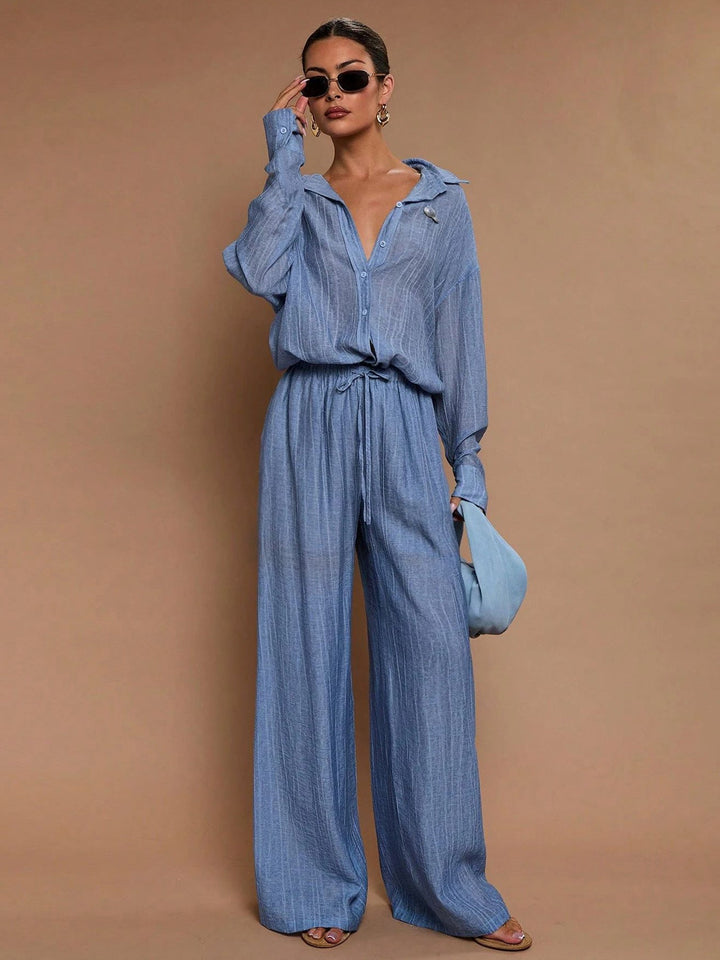 Ensemble pour femmes avec col chemise, patte de boutonnage et jambe de pantalon large