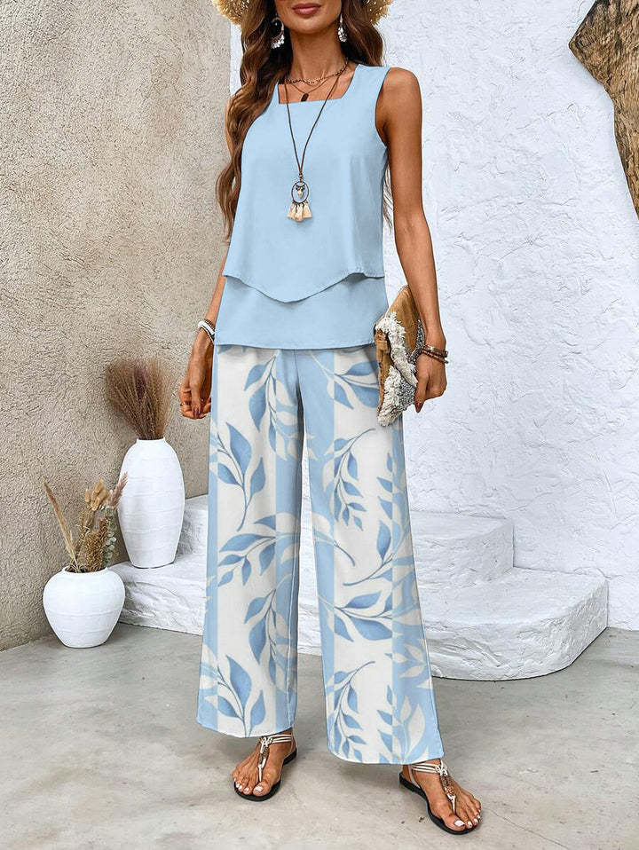 Ensemble pour femmes avec haut sans manches et pantalon large à motif de feuilles