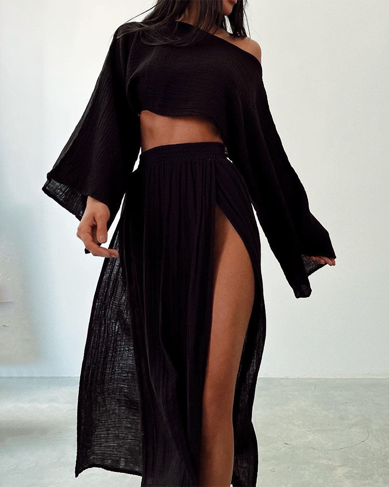 Ensemble femme avec crop-top et jupe maxi fendue