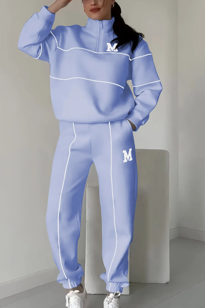 Ensemble pour femmes avec pull à demi-zip et pantalon de jogging avec bandes contrastées