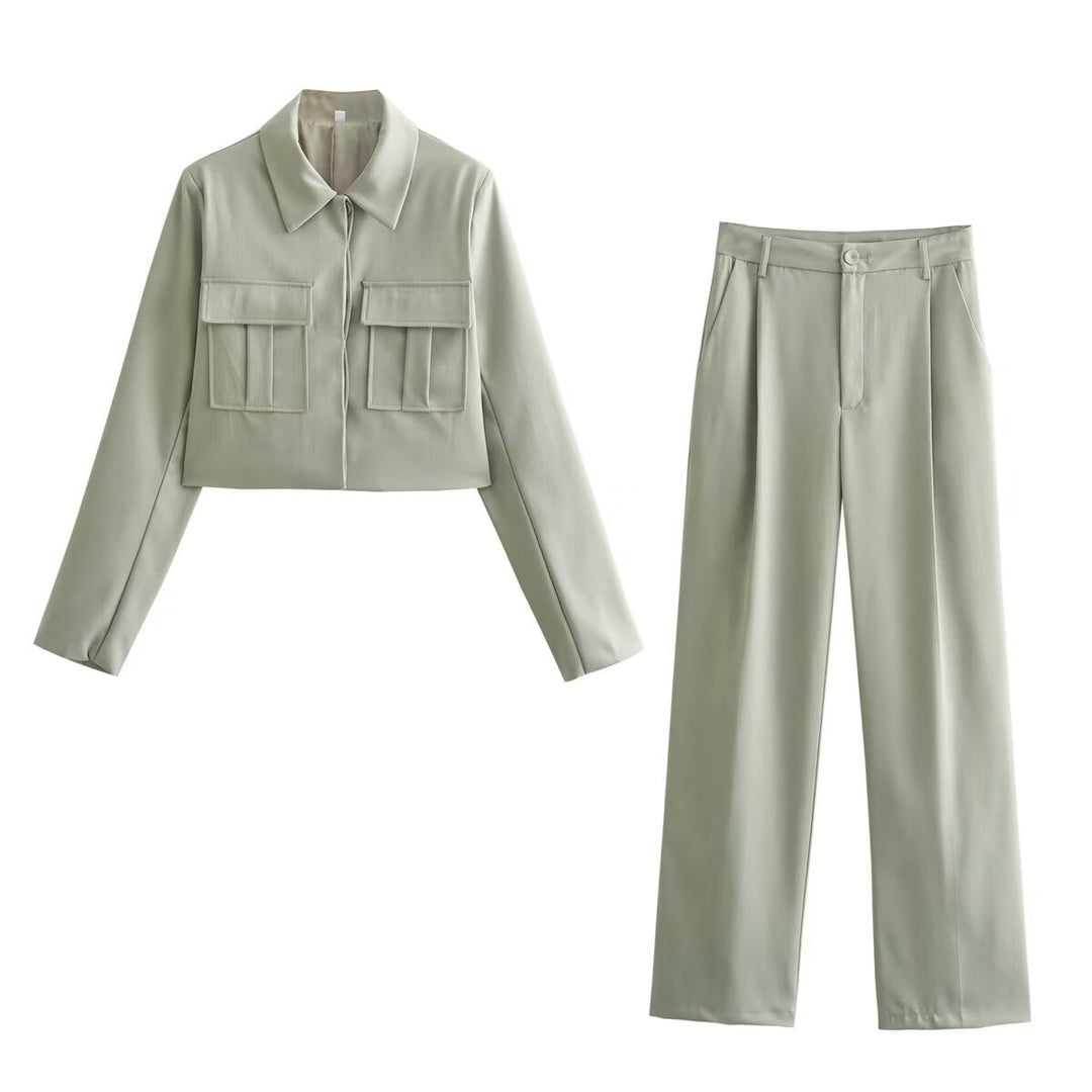 Ensemble Femme avec Veste Courte et Col Pointu et Pantalon Large Taille Haute