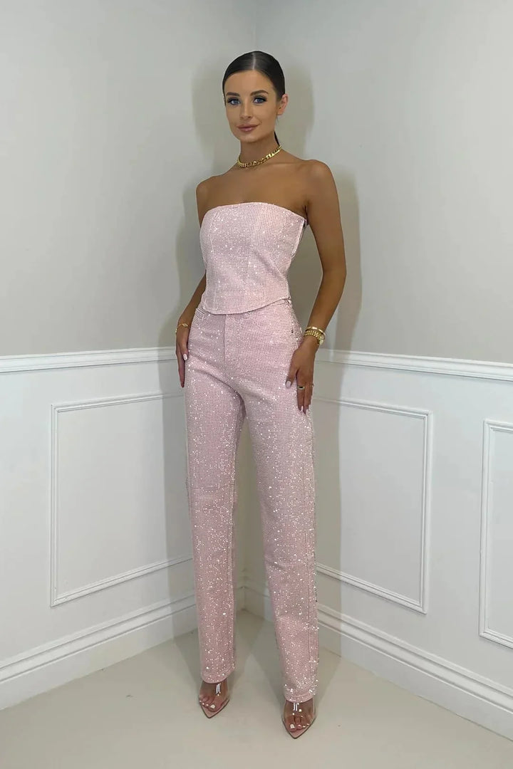 Ensemble femme avec haut à paillettes et pantalon long