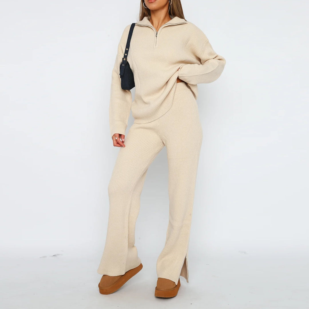 Ensemble pour femmes avec pull à fermeture éclair et pantalon à texture côtelée