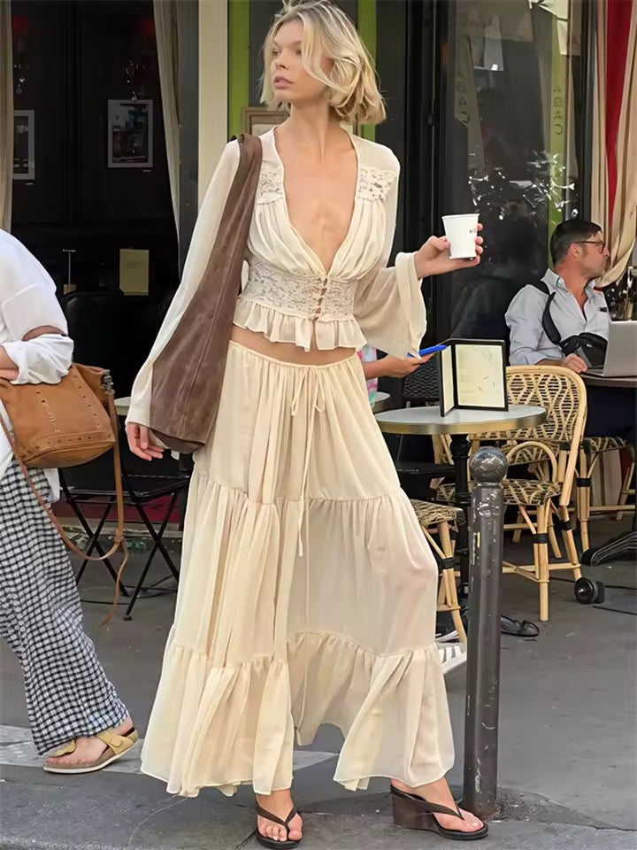 Ensemble d'été pour femmes avec décolleté en V, manches longues et jupe maxi