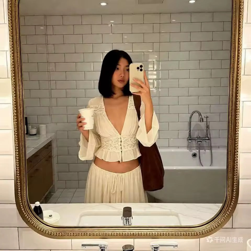 Ensemble d'été pour femmes avec décolleté en V, manches longues et jupe maxi